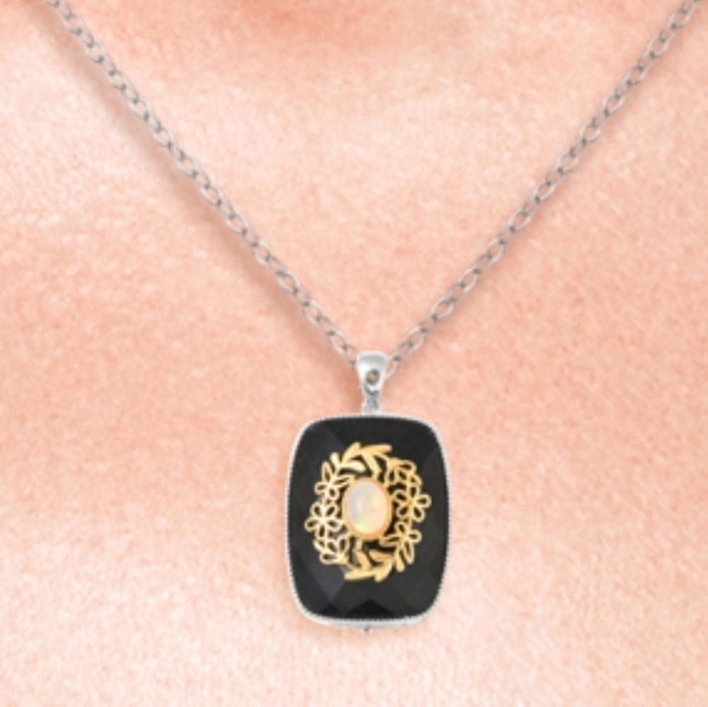 Black Jade Welo Opal Pendant Rhodium Yellow Gold over Silver